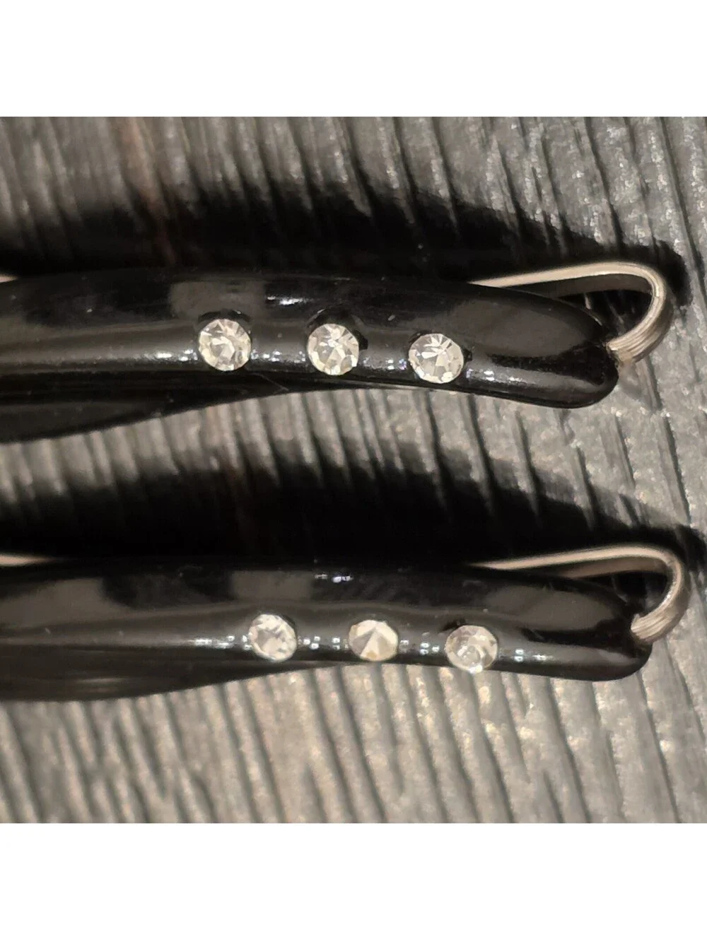 Vintage Black Lucite Hair Barrettes Rhinestone Accent French Slide Clips 2pcs